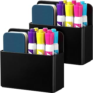 2 Pack Magnetic Marker Holder for Whiteboard – Plastic Pen/Pencil/Dry Erase Marker Holder with Strong Magnet for Fridge, Refrigerator, Locker, Classroom, Office & Home (Black)