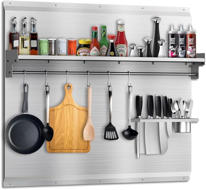 30"x30" Stainless Steel Stove Backsplash – Range Backsplash with Shelf & Knife Holder – Kitchen Wall Splash Guard with Pre-Drilled for Easy Installation & Easy Clean