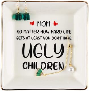 Best Mothers Day Gifts for Mom from Daughter Son Kids - Funny Mom Birthday Gifts, Jewelry Tray, Ceramic Ring Dish Holder, Trinket Dish, You Don’t Have Ugly Children