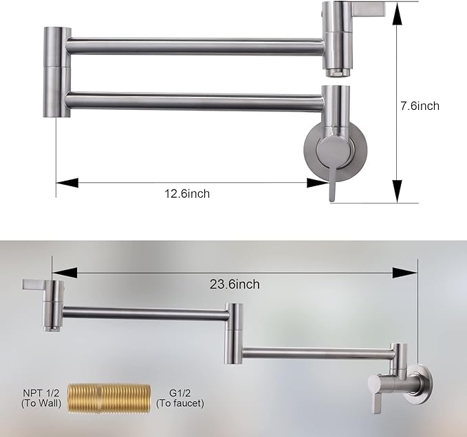 Pot Filler Faucet Brushed Nickel, ARCORA Modern Pot Filler Wall Mount 2 Handle with Double Joint Swing Arms Brass Stove Faucet