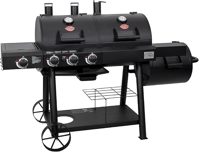 Char-Griller® Texas Trio 3-Burner Gas & Charcoal Grill and Smoker, Push Button to Ignite, Dual temperature Guages, Side Burner, Includes Side Firebox, 1,390 Cooking Square Inches, Black, Model# 3070