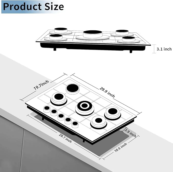 30 Inch Gas Cooktop, 5 Burners Built-in Stove Top Stainless Steel (Thermocouple Protection), LPG/NG Convertible Stove Dual Fuel Sealed Gas Hob - Black
