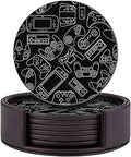 Set of 6 Round Leather Coasters with Holder for Bar, Drinks, Coffee (Video Game Controller Gadgets Pattern)