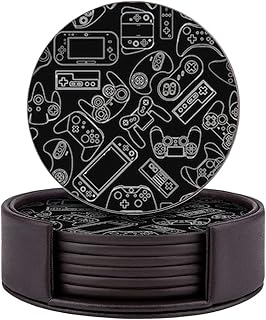 Set of 6 Round Leather Coasters with Holder for Bar, Drinks, Coffee (Video Game Controller Gadgets Pattern)