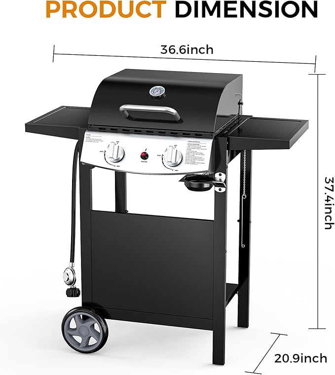 Electactic 2-Burner Propane Gas BBQ Grill, 20,000 BTU Stainless Steel Grill with Side Shelves and Wheels, Portable Outdoor Grill for Patio, Backyard, Garden, or Camping Cooking