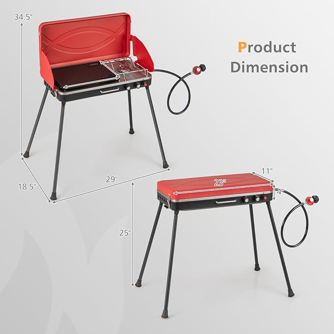 2-Burner Gas Camping Stove, Portable BBQ Grill with Detachable Legs, Roast Grill & 3-Sided Wind Screen, 22,000 Total BTUs of Power, Outdoor Propane Burner Grill Stove for Picnic (Red)