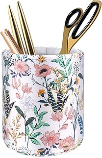 Large Capacity Floral Pen Holder for Desk, Leather Pencil Holder Pen Cup Marker Holder Makeup Brush Holder, Desk Accessories & Workspace Organizers for Home, Office, White Flower