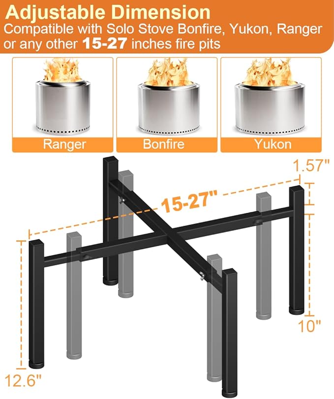 Garbuildman 15-27 Inch Universal Firepit Stand for Solo Stove Bonfire Ranger Yukon and Other 15-27" Outdoor Fire Pit, Metal Fire Pit Accessory for Outside Firepit, Outdoor Fireplace Tools, Black