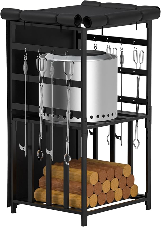 Firewood Storage Rack for Solo Stove Bonfire Ranger Yukon Fire Pit Accessories, Black Steel with Powder Coated Finish, Adjustable Shelves, Waterproof Cover, 29.9" x 25.6" x 52.9"