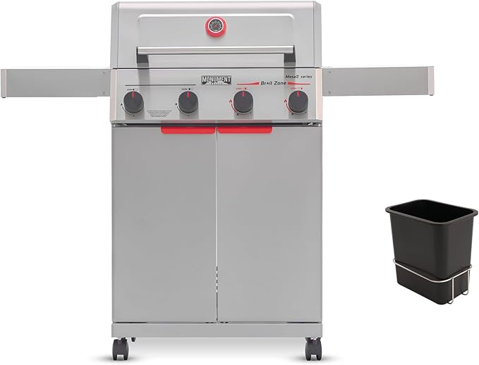 Monument Grills 4 Burner Stainless Steel Propane Gas Grill Mesa 2, 500°F in 5 Mins, 525 sq.in, 37,000 BTU, Broil Zone, Foldable Side Shelves, Knob Control, Built in Thermometer, with Trash Can & Rack