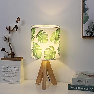 HAITRAL Small Table Lamp - Tripod Nightstand Lamp, Modern Bedside Desk Lamp for Kids Room, Girls Room, Bedroom, Dorm Room, Office with Wooden Base Fabric Lamp Shade