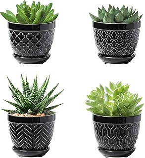 Sureasy Succulent Pots, 3.5 Inch Flower Pots for Indoor Plants, Small Plant Pots with Saucer & Drainage, Decorative Ceramic Planters for Succulent, Cactus, Set of 4, Black