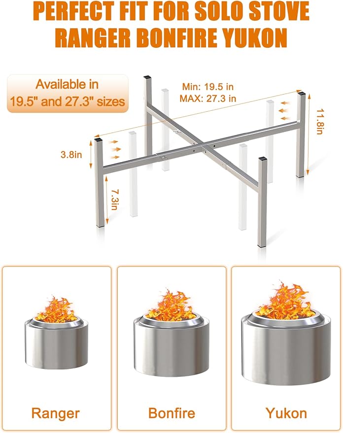 15-27 Inch Stainless Steel Fire Pit Stand, Adjustable 2 Height Base for Solo Stove Accessories, 220LBS Sturdy Firepit Stand for Patio Camping Backyard