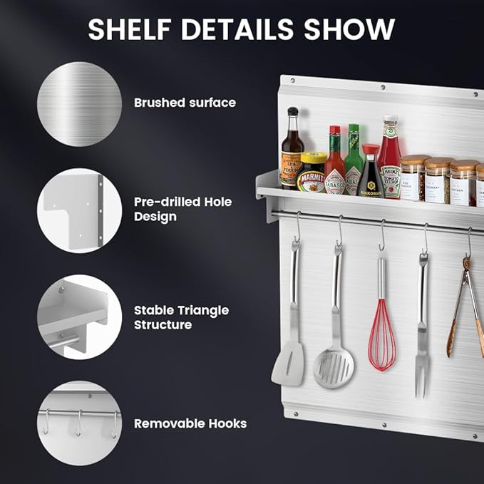 42 x 30 Inch Stainless Steel Backsplash with Shelf & Knife Rack - Stove Backsplash for Oven & Range | Stainless Backsplash with Pre-Drilled Holes - Easy Install