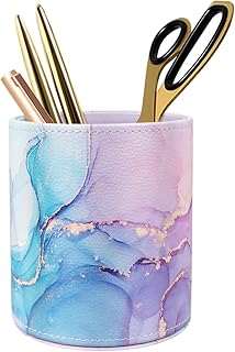 Large Capacity Colored Pen Holder for Desk, Leather Pencil Holder Pen Cup Marker Holder Makeup Brush Holders, Desk Accessories & Workspace Organizers for Home, Office, Pink Blue Marble