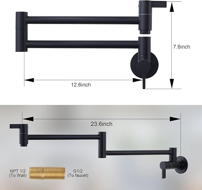 Pot Filler Faucet Matte Black, ARCORA Modern Pot Filler Wall Mount 2 Handle with Double Joint Swing Arms Brass Stove Faucet