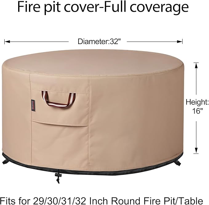 QH.HOME Fire Pit Cover Round-29-32 Inch Heavy Duty 900D Strong Tear-Resistant and UV Resistant and Waterproof and Fading Resistant Material Polyester Firepit Covers Round for Outdoor Fire Pit-Wheat