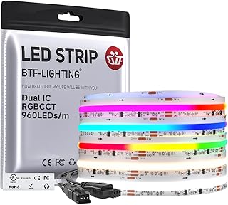 BTF-LIGHTING WS2811 Dual IC RGBCCT FCOB COB LED Strip,UL Listed High Density Chasing IC RGB Light+Tunable White 3000K-6000K,16.4FT 960LEDs/m,12mm Width IP30 DC24V 3M Tape(No Adapter or Controller)