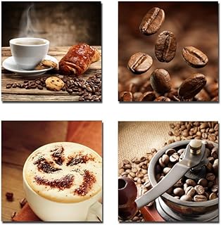 Wieco Art Warm Coffee Giclee Canvas Prints Wall Art Brown Bean Cup Pictures Paintings for Dining Room Kitchen Bar Home Decorations 4 Piece Large Modern Stretched and Framed Contemporary