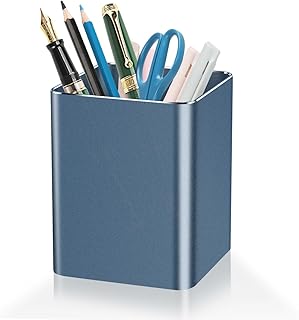 Pen holder,square pen cup, Metal pen pencil holder, desktop pencil cup stationery organization office desktop accessories, suitable for office, school, home and stationery supplies. (blue)