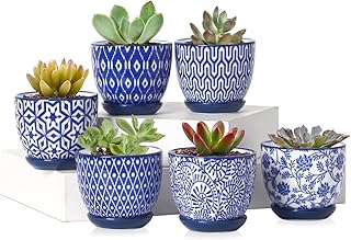 Selamica Ceramic 2.4 Inch Succulent Pots, Mini Succulent Planter Pot for Cactus Plant with Drainage Holes & Saucers, Home Decor, Set of 6, Vintage Blue