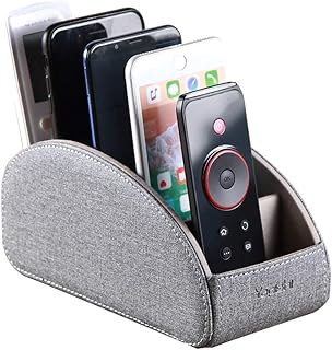 TV Remote Control Holder with 5 Compartments,Pu Leather Remote Caddy/Box/Tray Nightstand Desktop Storage Organizer Store DVD,Blu-Ray,Media Player,Heater Controllers and Makeup Office Supplies Grey