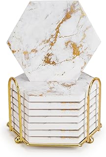 Gold Coasters,Marble Coaster Set for Table Protection,8 Pcs Drink Coasters with Metal Holder, Home Decor, Bar Coasters