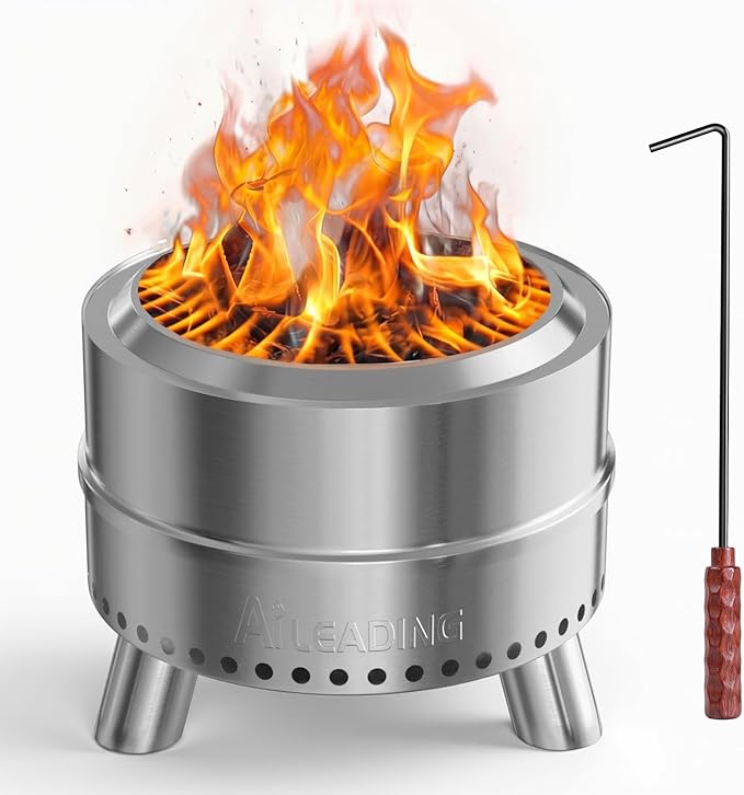 20 Inch Smokeless Fire Pit with Removable Ash Pan, Fire Pits for Outside Wood Burning, Portable Bonfire Outdoor Firepit, Bag & Poker Included, Stainless Steel (Silvery- with Legs-Fire Pit)