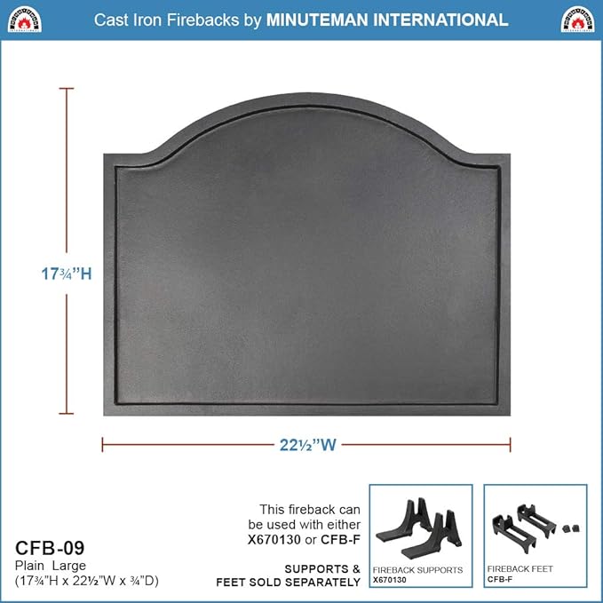 Minuteman International Plain Design Cast Iron Fireback, Large,CFB-09,Black