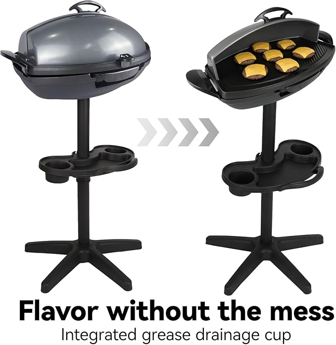 Portable Electric Grill with Removable Stand, 1500W Indoor & Outdoor BBQ, Non-Stick Baking Pan & Intelligent Temperature Control for Backyard, Balcony, Camping and Party, Gray