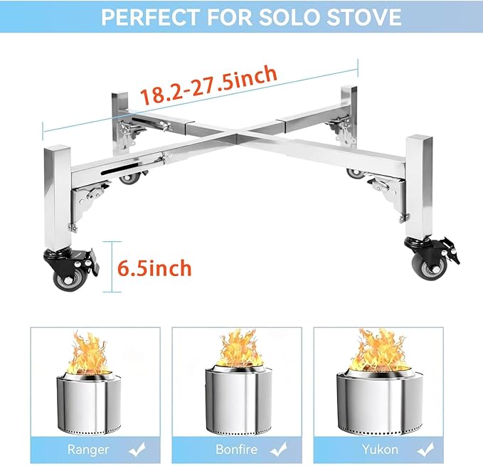 Adjustable Fire Pit Stand for Solo Stove Accessories, 18-28" Universal Foldable Stainless Steel Firepit Stand for Ranger Bonfire Yukon with Rolling Wheels for Outdoor Patio, Backyard, Camping