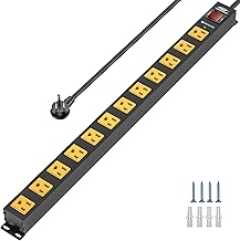 CRST 12-Outlet Heavy Duty Long Power Strip, 2100 Joules Surge Protector,Mountable Metal Power Bar with 15A Circuit Breaker, 6FT 14AWG Flat Plug Extension Cord for Garage, Workshop, School, Under Desk