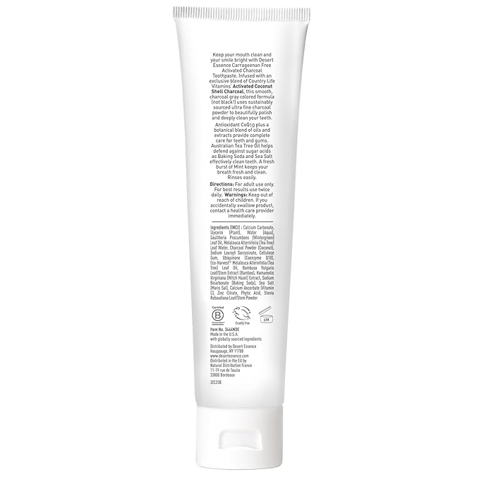 Desert Essence Activated Charcoal Toothpaste - Fluoride and Carrageenan Free - Brighter Teeth and Fresher Breath with Activated Coconut Shell Charcoal, Baking Soda, and Fresh Mint - 6.25 oz