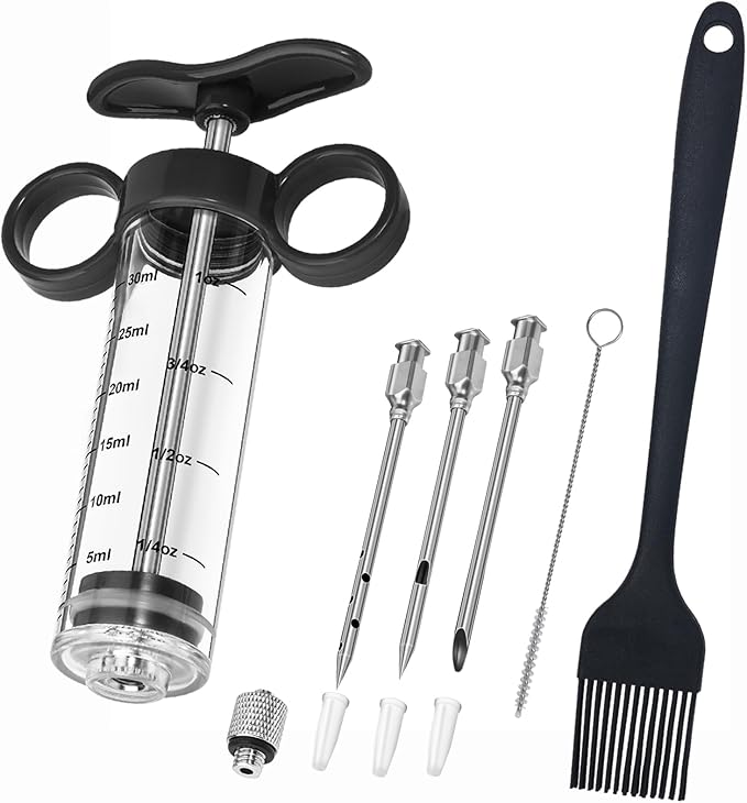 Turkey Injector, Meat Injector Syringe - 3 Marinade for BBQ Grill, 1OZ /30ML Injector Syringe, Handle MeatInjector for Smoking, Flavor Injector for Meat with Oil Brush & Cleaning Brush Black