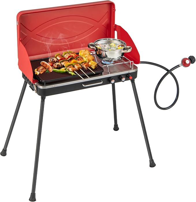 2-Burner Gas Camping Stove, Portable BBQ Grill with Detachable Legs, Roast Grill & 3-Sided Wind Screen, 22,000 Total BTUs of Power, Outdoor Propane Burner Grill Stove for Picnic (Red)
