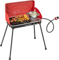 2-Burner Gas Camping Stove, Portable BBQ Grill with Detachable Legs, Roast Grill & 3-Sided Wind Screen, 22,000 Total BTUs of Power, Outdoor Propane Burner Grill Stove for Picnic (Red)
