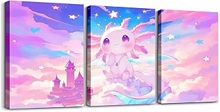 Feelyou Kids Cute Axolotl Picture Wall Decor Galaxy Cloud Wall Painting Posters Cartoon Animal Canvas Wall Art for Living Room Bedroom Boys Girls Dreamy Starry Teens Bathroom Wall Art 12"x16"x 3Pcs