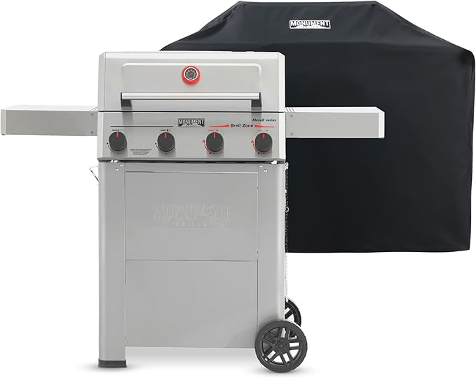 Monument Grills 4 Burner Propane Mesa 2 Gas Grill with Broil Zone, Stainless Steel Outdoor Patio Barbecue Grill with Cover, Foldable Side Shelves, Fast Heating, Assembles in 30 Mins, Mesa II 410FBZ