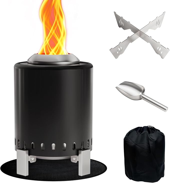 Mini Smokeless 7 Inch Tabletop Fire Pit with Pan Stand and Insulation Mat, Portable Stainless Steel Fire Pit for Camping, Patio Tabletop Firepit, Burns Wood or Pellets, Travel Bag Included, Black