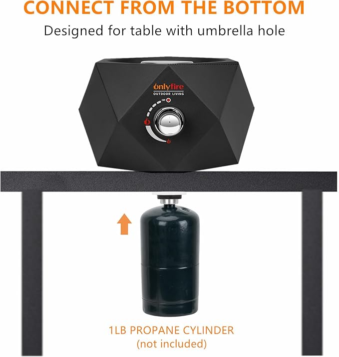ONLYFIRE OUTDOOR LIVING 14” Modern Tabletop Fire Pit for Table with Umbrella Hole, Portable Gas Firepit for 1lb Propane Gas, Patio Backyard Porch Camping RV Tailgating, Bottom-Mounted FP003