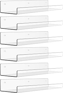 upsimples 6 Pack Acrylic Shelves for Wall Storage, 15" x 4“ Floating Bookshelves for Kids, Display Shelf Organizer for Bathroom, Bedroom, Living Room, Kitchen, Room Decor, Clear