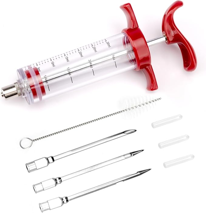 Turkey Meat Injector Syringe Kit with 3 Marinade Needles for BBQ Grill Smoker, 1 Cleaning Brush, 1 Oz/30 ml Large Capacity Injector Marinades for Meats Red