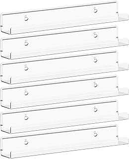 Lifewit Narrow Floating Shelves for Vinyl Record 6 Pack, 12" Clear Wall Shelves for Nail Polish/Book/Picture/Makeup, Acrylic Wall Display Shelf Organizer for Bedroom, Living Room, Bathroom Decor