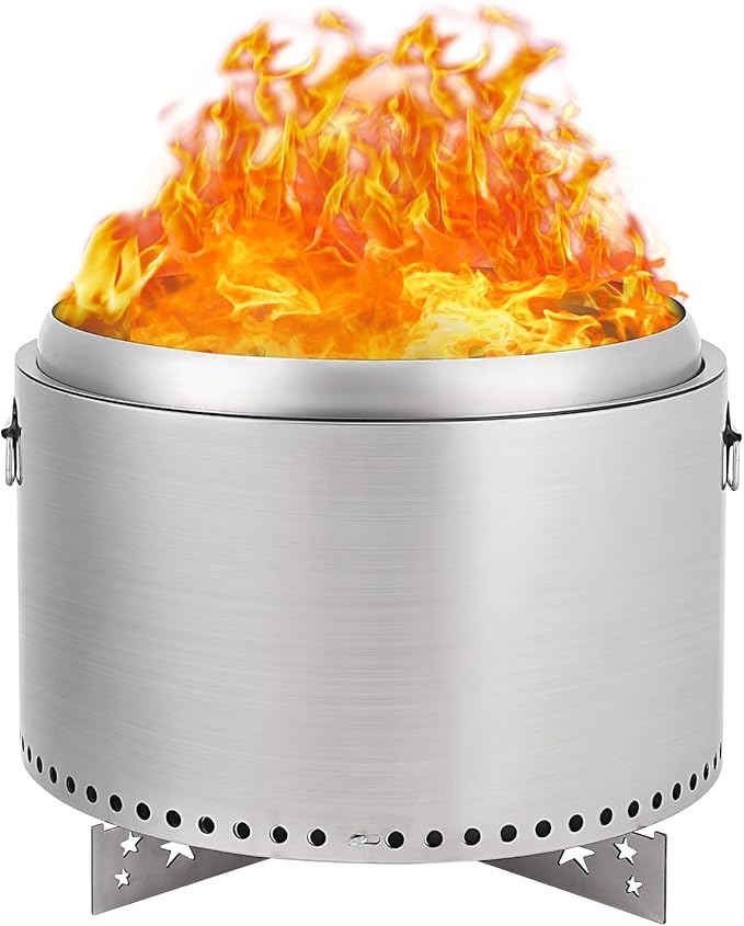 GarveeLife 20.5 in Portable Smokeless Fire Pit with Stand, Handles Design, Stainless Steel Stove Wood Burning, Removable Ash Pan, for Camping, Garden, Backyard