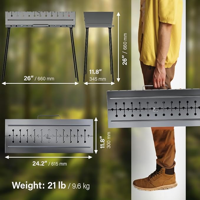 Stainless Steel Charcoal Grill for 12 Skewers – Portable BBQ 24.80"×9.45"×24.80" – Foldable Kabob Mangal – Heavy-Duty Rustproof Grill for Outdoor (Skewers Not Included)