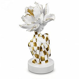 Lescafita White and Gold African Woman Sculpture – Elegant Resin Figurine with Floral Headpiece, Modern African Art Statue for Home Decor, Cultural Figurine Gift for Women