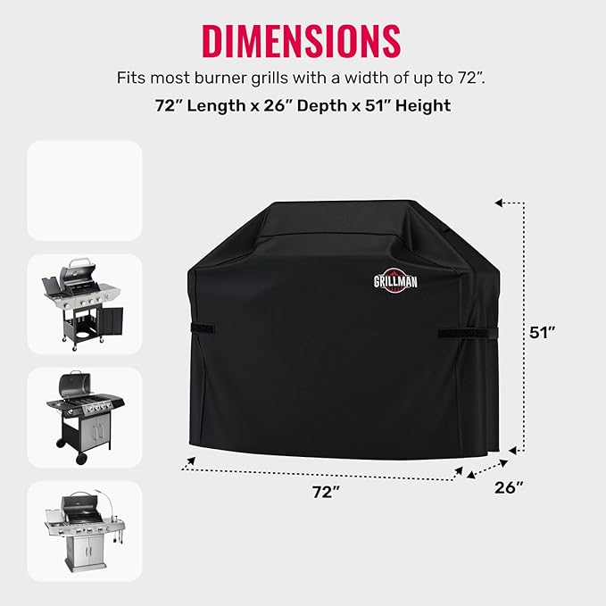 Grillman Heavy Duty BBQ Grill Cover for Outdoor Grill, 72 Inch – Waterproof, Weather Resistant, UV & Fade Resistant with Adjustable Straps – Gas Grill Cover for Weber, Genesis, Charbroil, etc. Black