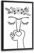 LLEEMPI Funny Bathroom Wall Art, Humorous Pinch Nose Wall Decor, Minimalist Line Flower Canvas Painting, Modern Abstract Black White Poster Print for Restroom Bathroom Office Wood Framed 12x16 Inch