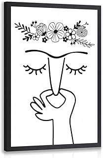 LLEEMPI Funny Bathroom Wall Art, Humorous Pinch Nose Wall Decor, Minimalist Line Flower Canvas Painting, Modern Abstract Black White Poster Print for Restroom Bathroom Office Wood Framed 12x16 Inch