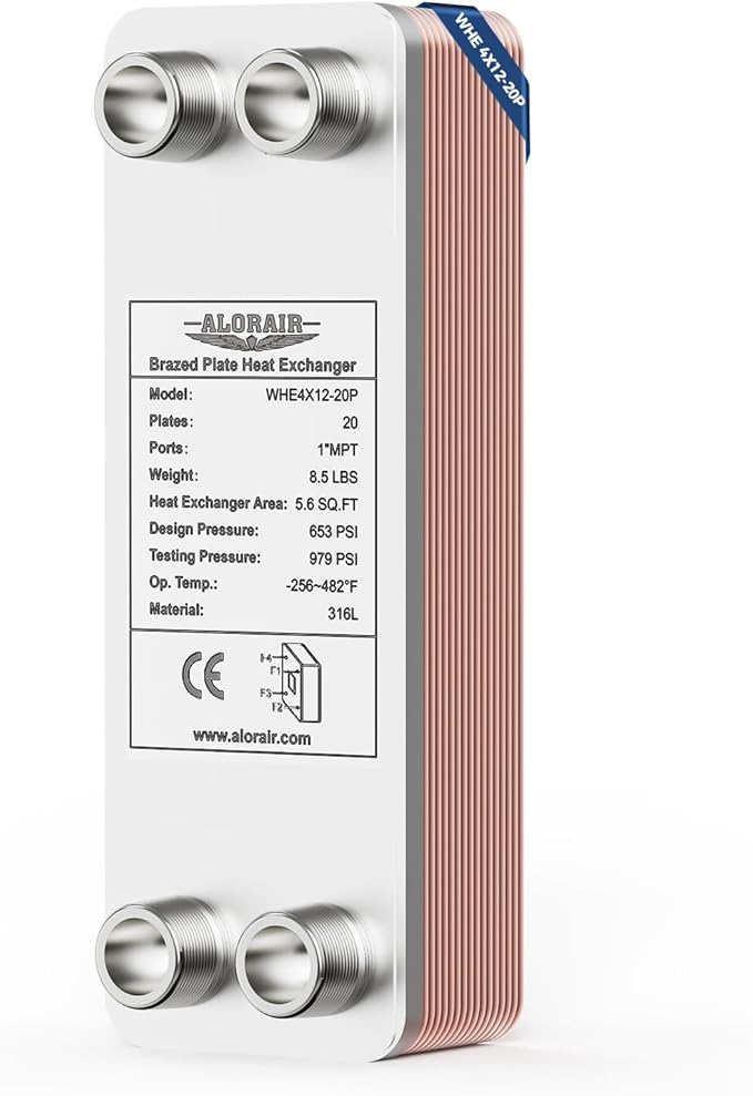 ALORAIR 4"x12" 20 Plates Heat Exchanger with 1" MPT Port,316L Stainless Steel Water to Water Brazed Plate Heat Exchanger for Floor Heating, Water Heating, Commercial and Industrial Refrigeration